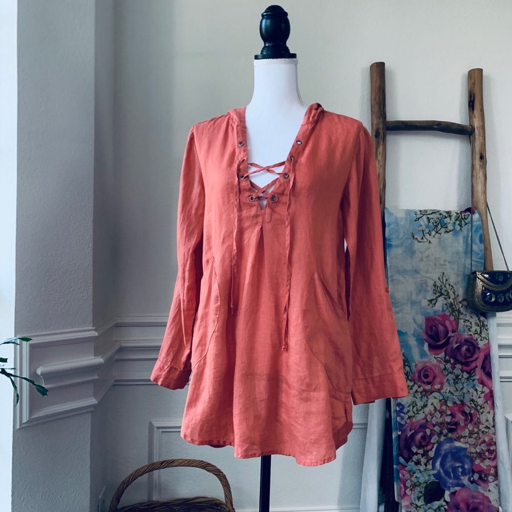FOR CYNTHY BURNT ORANGE LINEN HOODED TUNIC TOP COVER UP